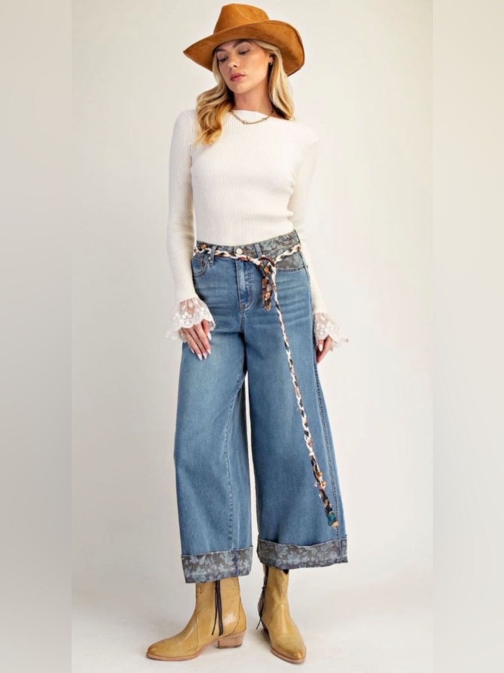 Wide-Leg Cropped Easel Blue Jeans with Floral Contrast Cuffs